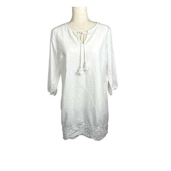 Lands End White Ivory Linen V-Neck Keyhole Eyelet 3/4 Sleeve Tunic Blouse Top XS - Picture 1 of 12